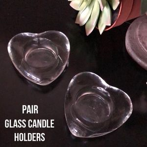 Pair of Glass Heart Shaped Candle Holders-EUC